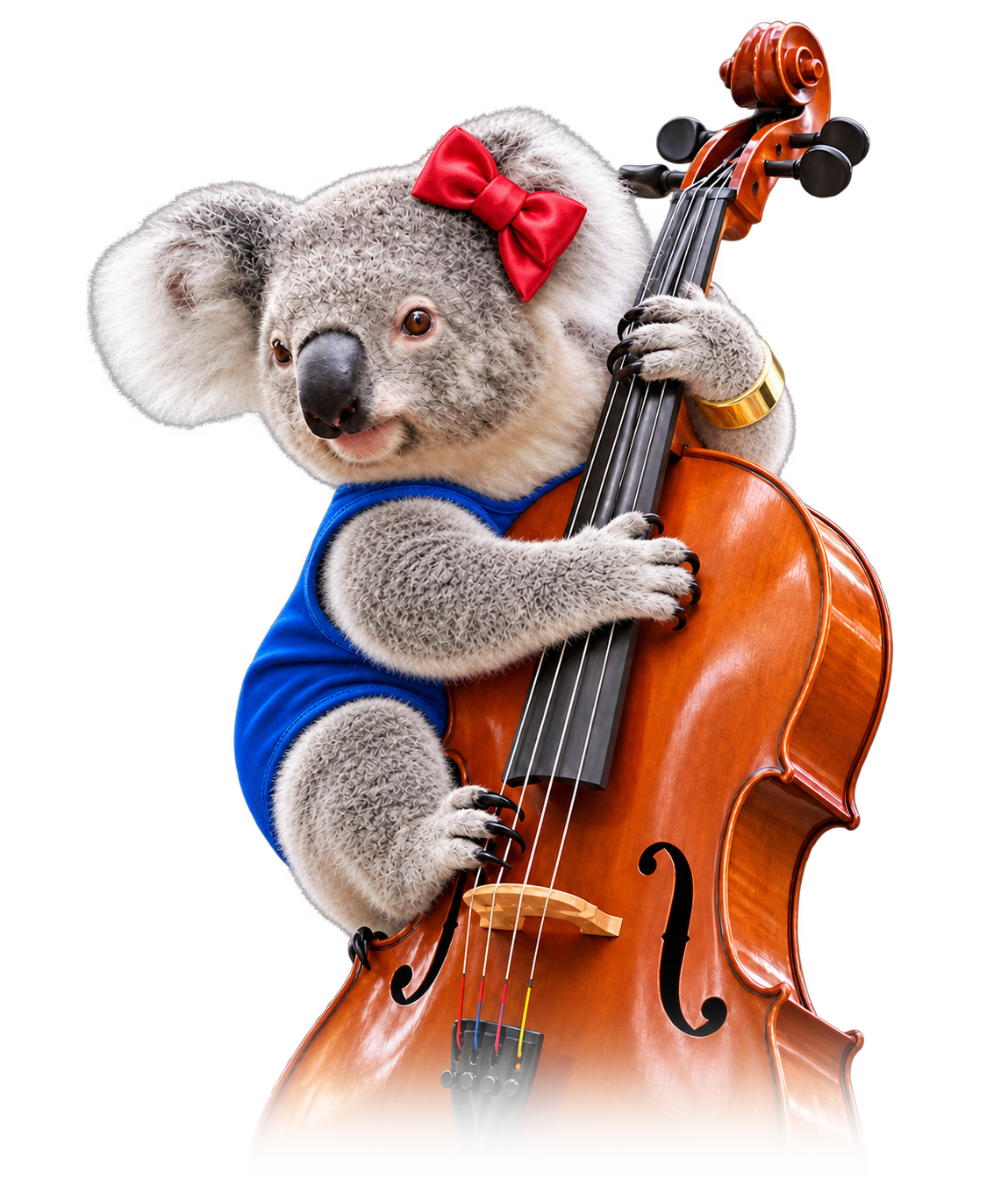 A bow-wearing koala holding a double bass